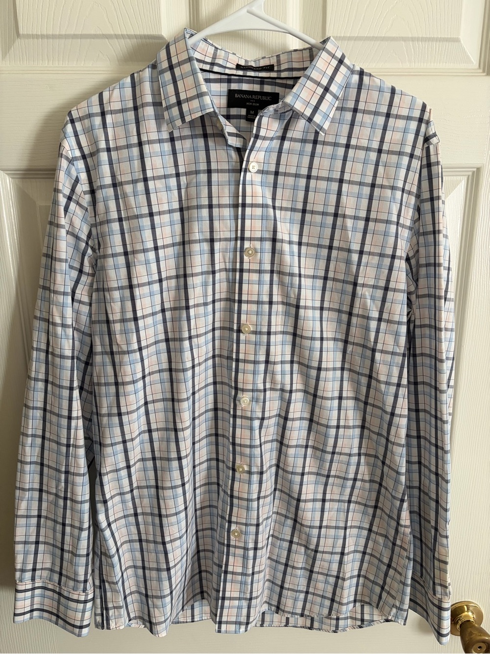 Banana Republic Men’s White Shirt with Blue and Tan Check Plaid